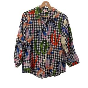 Gorman Gingham Abstract Print Linen Blend Button Down Shirt Winter 2024 Size 6